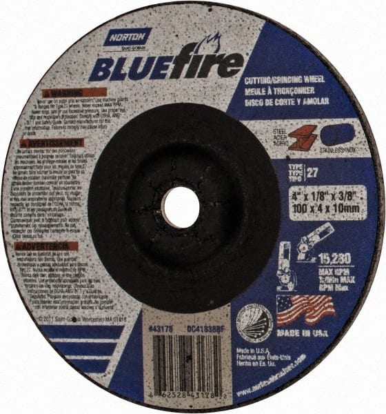 Norton - 30 Grit, 4" Wheel Diam, 1/8" Wheel Thickness, 3/8" Arbor Hole, Type 27 Depressed Center Wheel - Zirconia Alumina, U Hardness, 15,280 Max RPM, Compatible with Angle Grinder - Exact Tooling