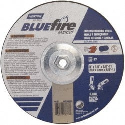 Norton - 30 Grit, 9" Wheel Diam, 1/8" Wheel Thickness, Type 27 Depressed Center Wheel - Zirconia Alumina, T Hardness, 6,600 Max RPM, Compatible with Angle Grinder - Exact Tooling