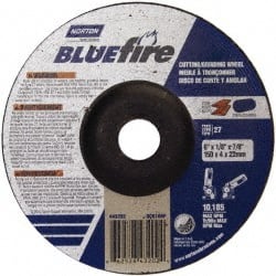 Norton - 30 Grit, 6" Wheel Diam, 1/8" Wheel Thickness, 7/8" Arbor Hole, Type 27 Depressed Center Wheel - Zirconia Alumina, U Hardness, 10,185 Max RPM, Compatible with Angle Grinder - Exact Tooling