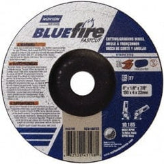 Norton - 30 Grit, 6" Wheel Diam, 1/8" Wheel Thickness, 7/8" Arbor Hole, Type 27 Depressed Center Wheel - Zirconia Alumina, U Hardness, 10,185 Max RPM, Compatible with Angle Grinder - Exact Tooling