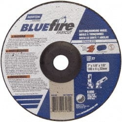 Norton - 30 Grit, 7" Wheel Diam, 1/8" Wheel Thickness, 7/8" Arbor Hole, Type 27 Depressed Center Wheel - Zirconia Alumina, T Hardness, 8,600 Max RPM, Compatible with Angle Grinder - Exact Tooling