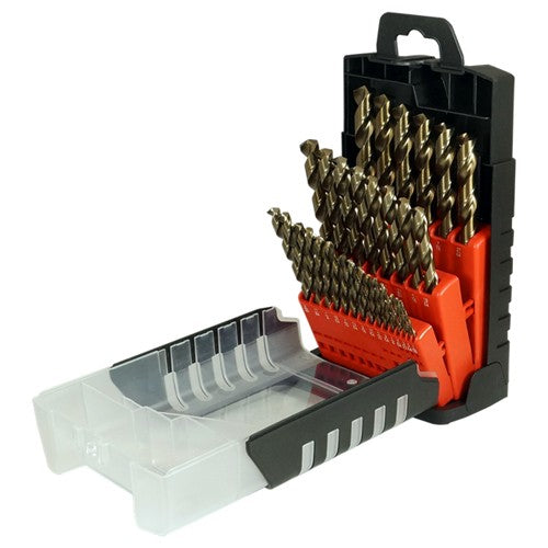 ‎1/16-1/2 RHS / RHC HSS-CO 8% (M42) 135 Degree Split Point Heavy Duty Cobalt Jobber Length Drill Set - Straw / Gold Oxide - Exact Tooling