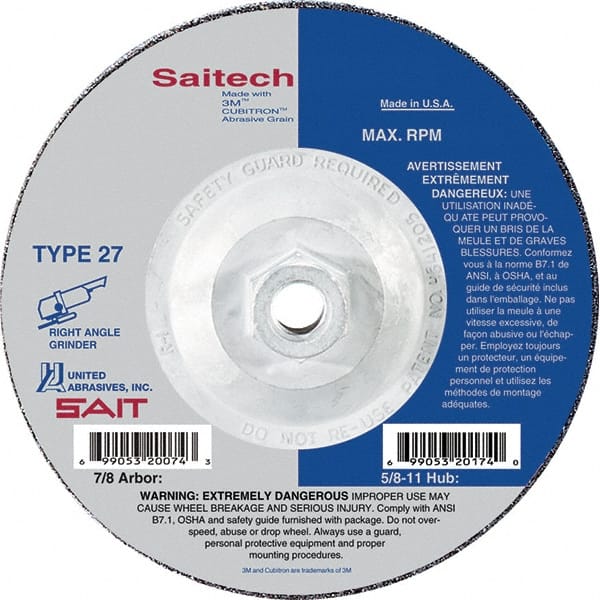 Sait - 9" Wheel Diam, 1/4" Wheel Thickness, Type 27 Depressed Center Wheel - Ceramic, Resinoid Bond, 6,600 Max RPM, Compatible with Angle Grinder - Exact Tooling