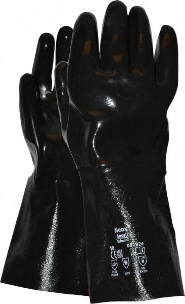 Ansell - Size XL (10), 14" Long, 80 mil Thick, Supported, Neoprene Chemical Resistant Gloves - Smooth Finish, Fleece/Jersey Lined, Gauntlet Cuff, ANSI Abrasion Level 3, ANSI Cut Level 2, Black - Exact Tooling