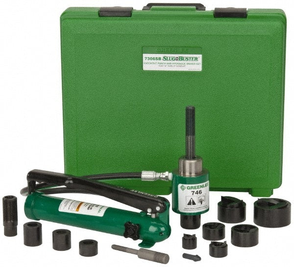 Greenlee - 17 Piece, 2" Punch Hole Diam, Hydraulic Knockout Set - Round Punch, 10 Gage Mild Steel - Exact Tooling