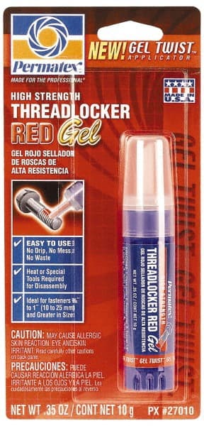 Permatex - 10 Gal Tube, Red, High Strength Gel Threadlocker - Series 270, 24 hr Full Cure Time, Hand Tool, Heat Removal - Exact Tooling