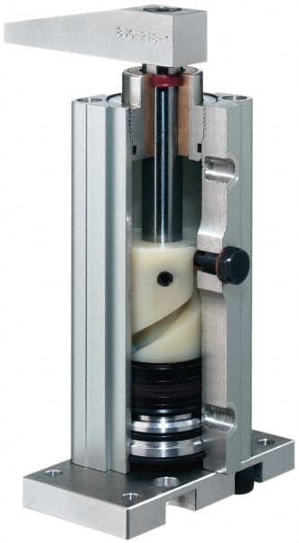 De-Sta-Co - 167 Lb Clamping Force, Adjustable (Right, Left, Straight) Swing, 52mm Total Stroke, Single-Acting Pneumatic Swing Clamp - G1/8 Port, 195.58mm Body Length x 50.04mm Body Width, 102.1 cm3 (Unclamp), 88.9 cm3 (Clamp), 145 Max psi - Exact Tooling