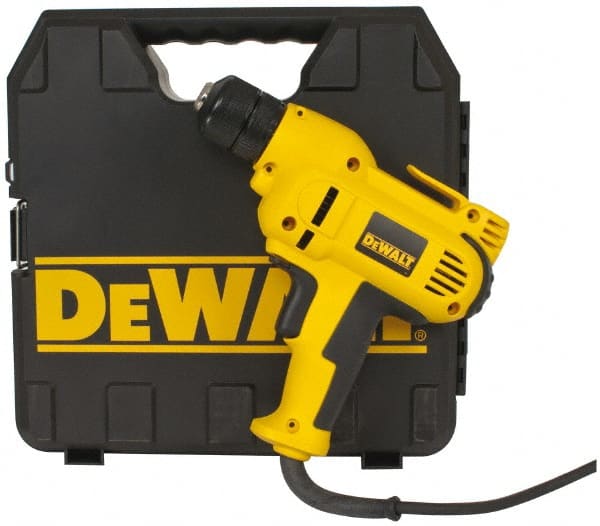 DeWALT - 3/8" Keyless Chuck, 2,500 RPM, Pistol Grip Handle Electric Drill - 8 Amps, Reversible, Includes Kit Box - Exact Tooling