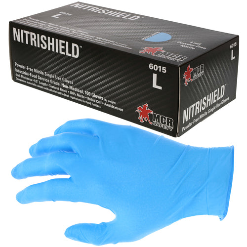 NitriShield Gloves - 4 mil Blue Nitrile Industrial/Food Service Grade - Textured Grip - Powder Free - Box of 100 - Size Medium - Exact Tooling