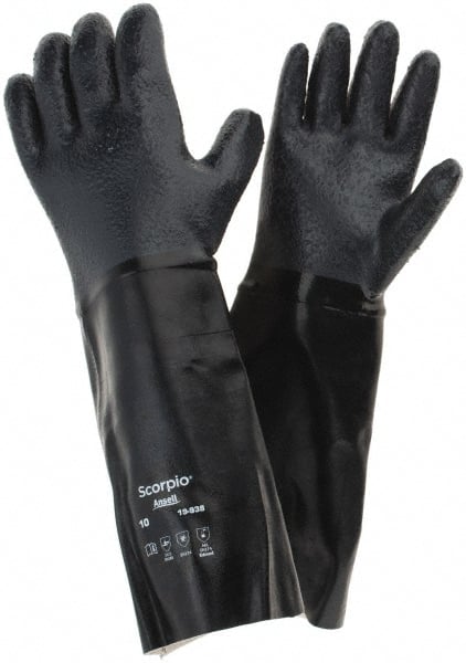 Ansell - Size XL (10), 18" Long, 83 mil Thick, Supported, Neoprene Chemical Resistant Gloves - Textured Finish, Fleece/Jersey Lined, Gauntlet Cuff, ANSI Abrasion Level 3, ANSI Cut Level 2, Black - Exact Tooling