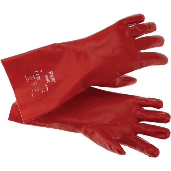 Ansell - Size L (9), 14" Long, Supported, Polyvinyl Alcohol (PVA) Chemical Resistant Gloves - Smooth Finish, Cotton Interlock Knit Lined, Gauntlet Cuff, ANSI Abrasion Level 4, ANSI Cut Level 1, Red - Exact Tooling
