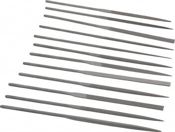 Grobet - 12 Piece Swiss Pattern File Set - 5-1/2" Long, 0 Coarseness, Set Includes Barrette, Crossing, Equalling, Half Round, Knife, Marking, Round, Round Edge Joint, Slitting, Square, Three Square, Warding - Exact Tooling