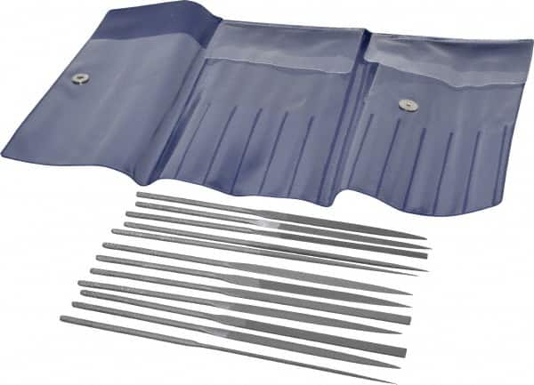 Grobet - 12 Piece Swiss Pattern File Set - 5-1/2" Long, 2 Coarseness, Set Includes Barrette, Crossing, Equalling, Half Round, Knife, Marking, Round, Round Edge Joint, Slitting, Square, Three Square, Warding - Exact Tooling