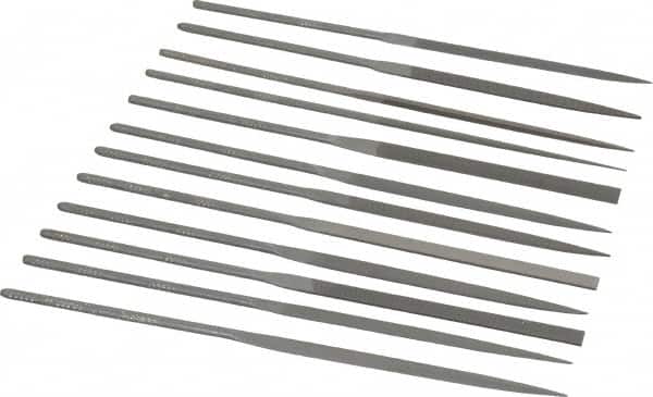 Grobet - 12 Piece Swiss Pattern File Set - 6-1/4" Long, 0 Coarseness, Set Includes Barrette, Crossing, Equalling, Half Round, Knife, Marking, Round, Round Edge Joint, Slitting, Square, Three Square, Warding - Exact Tooling