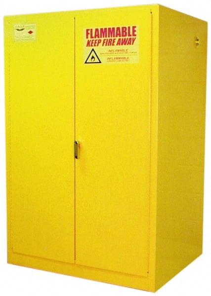 Eagle - 2 Door, 2 Shelf, Yellow Steel Standard Safety Cabinet for Flammable and Combustible Liquids - 65" High x 43" Wide x 34" Deep, Manual Closing Door, 3 Point Key Lock, 90 Gal Capacity - Exact Tooling