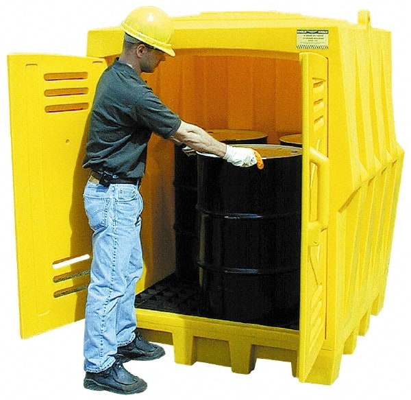 Eagle - 4 Drum, 66 Gal Sump Capacity, Storage Hut - 57-1/2" Long x 57-1/2" Wide x 72" High, Vertical Storage, Polyethylene - Exact Tooling