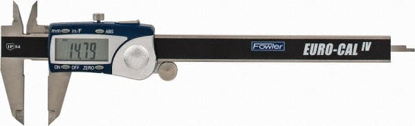 Fowler - 0 to 150mm Range, 0.01mm Resolution, IP54 Electronic Caliper - Stainless Steel with 1-1/2" Stainless Steel Jaws, 0.02mm Accuracy - Exact Tooling