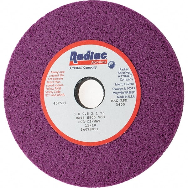 Radiac Abrasives - 8" Diam x 1-1/4" Hole x 1/2" Thick, H Hardness, 46 Grit Surface Grinding Wheel - Aluminum Oxide, Type 1, Coarse Grade, 3,600 Max RPM, Vitrified Bond, No Recess - Exact Tooling