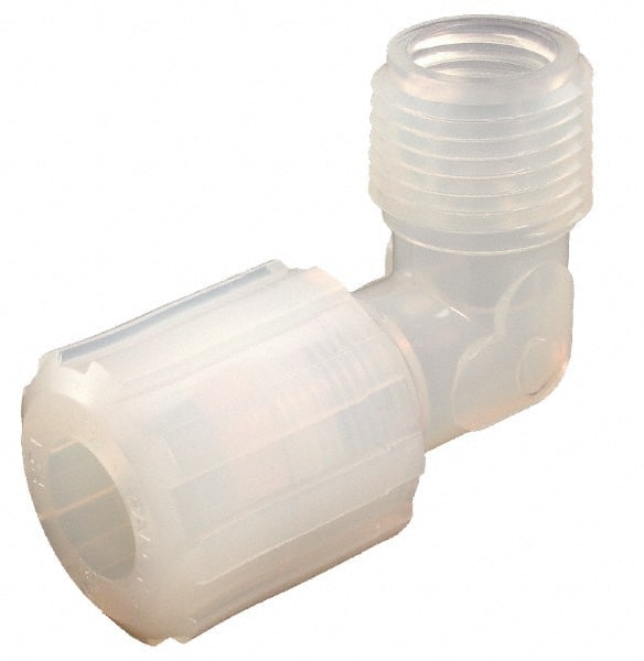 Parker - 3/8" Tube OD, PFA PTFE Plastic Compression Tube Male Adapter Elbow - 1/4 NPT Pipe, 325°F Max, Plastic Grip - Exact Tooling