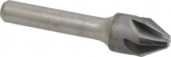 Made in USA - 5/8" Head Diam, 3/8" Shank Diam, 6 Flute 60° Solid Carbide Countersink - Bright Finish, 2-5/8" OAL, 0.203" Nose Diam, Single End, Straight Shank, Right Hand Cut - Exact Tooling