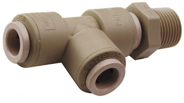 Parker - 1/4" Outside Diam, 1/4 NPTF, Polypropylene Push-to-Connect Tube Male Swivel Run Tee - 150 Max psi, White - Exact Tooling