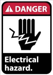 NMC - Accident Prevention Label, Header: DANGER - Legend: Danger - Electrical Hazard, English, Red, Black & White, 5" Long x 3" High, Sign Muscle Finish - Exact Tooling