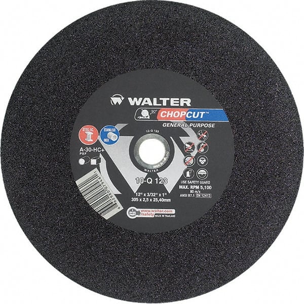 WALTER Surface Technologies - 12" 30 Grit Aluminum Oxide Cutoff Wheel - 3/32" Thick, 1" Arbor, 5,100 Max RPM, Use with Chop Saws - Exact Tooling