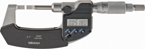 Mitutoyo - 0mm to 25.4mm Electronic Blade Micrometer - 0.003mm Accuracy, 0.75mm Blade Thickness, Ratchet Stop Thimble - Exact Tooling