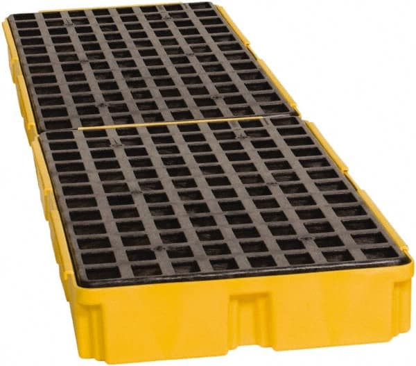 Eagle - 61 Gal Sump, 8,000 Lb Capacity, 4 Drum, Polyethylene Spill Deck or Pallet - 103-1/2" Long x 26-1/2" Wide x 6-1/2" High, Yellow, Drain Included, Low Profile, Vertical, Inline Drum Configuration - Exact Tooling