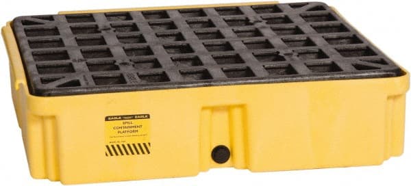 Eagle - 12 Gal Sump, 2,000 Lb Capacity, 1 Drum, Polyethylene Spill Deck or Pallet - 26-1/4" Long x 26" Wide x 6-1/2" High, Yellow, Drain Included, Low Profile, Vertical, Inline Drum Configuration - Exact Tooling