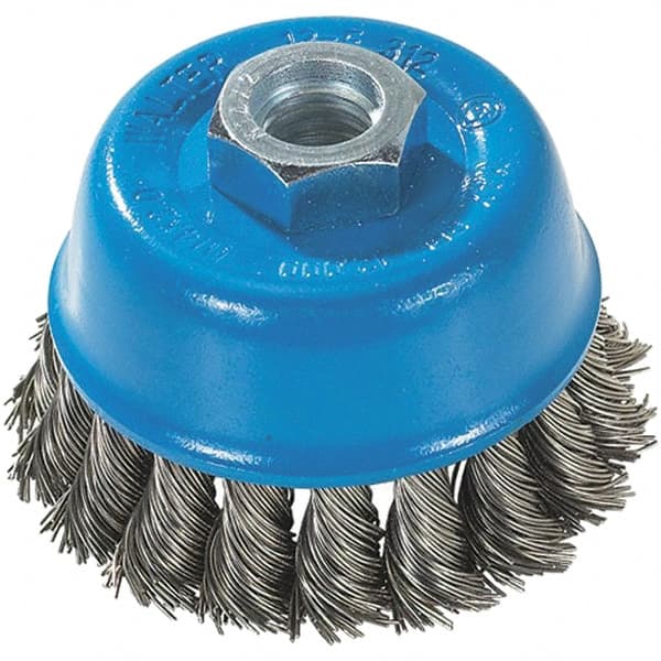WALTER Surface Technologies - 3" Diam, 5/8-11 Threaded Arbor, Stainless Steel Fill Cup Brush - 0.015 Wire Diam, 12,000 Max RPM - Exact Tooling