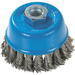 WALTER Surface Technologies - 3" Diam, 5/8-11 Threaded Arbor, Stainless Steel Fill Cup Brush - 0.015 Wire Diam, 12,000 Max RPM - Exact Tooling