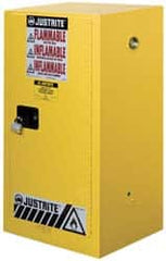 Justrite - 1 Door, 1 Shelf, Yellow Steel Space Saver Safety Cabinet for Flammable and Combustible Liquids - 44" High x 23-1/4" Wide x 18" Deep, Manual Closing Door, 15 Gal Capacity - Exact Tooling
