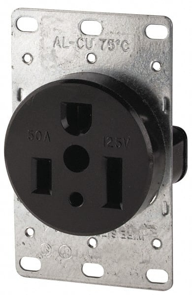 Cooper Wiring Devices - 125 VAC, 50 Amp, 5-50R NEMA Configuration, Black, Specification Grade, Self Grounding Single Receptacle - 1 Phase, 2 Poles, 3 Wire, Flush Mount, Corrosion Resistant - Exact Tooling