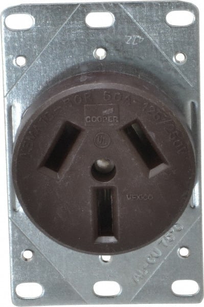 Cooper Wiring Devices - 125/250 VAC, 50 Amp, 10-50R NEMA Configuration, Brown, Specification Grade, Ungrounded Single Receptacle - 1 Phase, 3 Poles, 3 Wire, Flush Mount, Corrosion Resistant - Exact Tooling