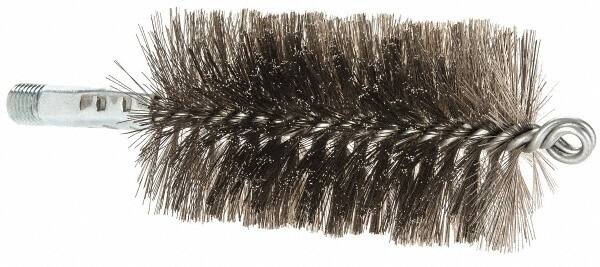 Schaefer Brush - 4-1/2" Brush Length, 2-1/2" Diam, Double Stem, Double Spiral Tube Brush - 7-1/4" Long, Stainless Steel, 1/4" NPSM Male Connection - Exact Tooling