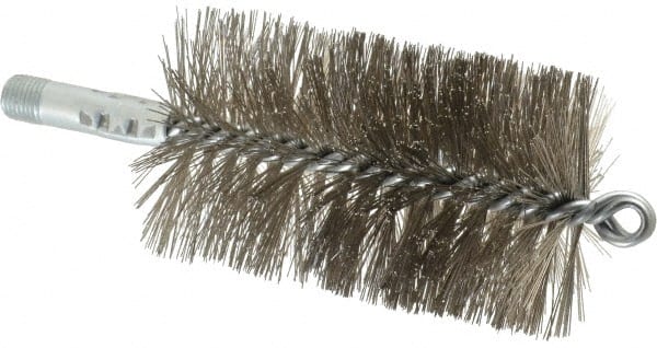 Schaefer Brush - 4-1/2" Brush Length, 2-3/4" Diam, Double Stem, Double Spiral Tube Brush - 7-1/4" Long, Stainless Steel, 1/4" NPSM Male Connection - Exact Tooling