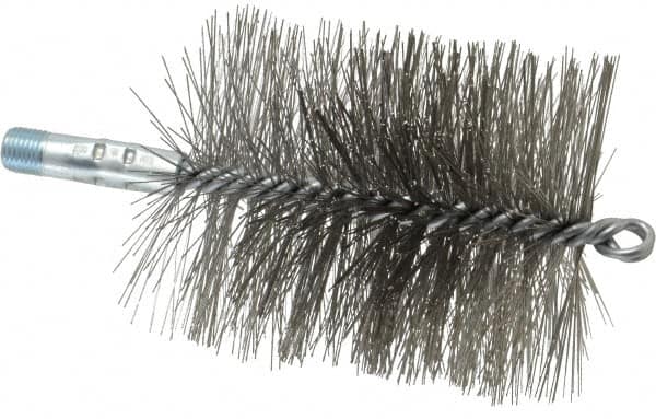 Schaefer Brush - 4-1/2" Brush Length, 3-3/4" Diam, Double Stem, Double Spiral Tube Brush - 7-1/4" Long, Stainless Steel, 1/4" NPSM Male Connection - Exact Tooling