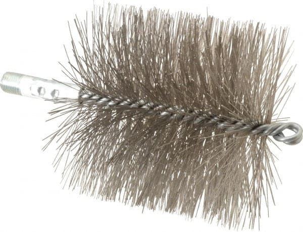 Schaefer Brush - 4-1/2" Brush Length, 4-1/2" Diam, Double Stem, Double Spiral Tube Brush - 7-1/4" Long, Stainless Steel, 1/4" NPSM Male Connection - Exact Tooling