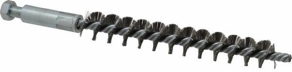 Schaefer Brush - 4" Brush Length, 9/16" Diam, Double Stem, Single Spiral Tube Brush - 6-1/4" Long, Stainless Steel, 1/4-28 Male Connection - Exact Tooling