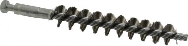 Schaefer Brush - 4" Brush Length, 3/4" Diam, Double Stem, Single Spiral Tube Brush - 6-1/4" Long, Stainless Steel, 1/4-28 Male Connection - Exact Tooling