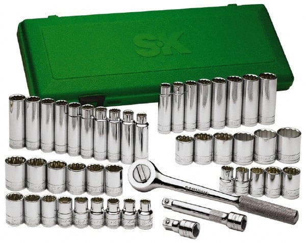 SK - 47 Piece 1/2" Drive Deep Well Socket Set - 6 Points, 1/2" to 1-1/2" (10mm to 24mm) Range, Inch/Metric Measurement Standard - Exact Tooling