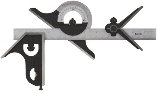 SPI - 4 Piece, 24" Combination Square Set - 1/100, 1/32, 1/50 & 1/64" (16R) Graduation, Hardened Steel Blade, Cast Iron Center, Protractor & Square Head - Exact Tooling