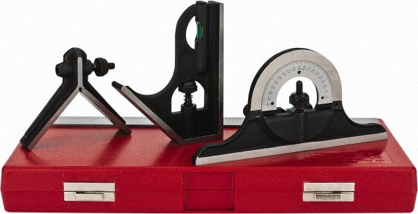 SPI - 4 Piece, 12" Combination Square Set - 1/16, 1/32, 1/64 & 1/8" (4R) Graduation, Hardened Steel Blade, Cast Iron Center, Protractor & Square Head - Exact Tooling