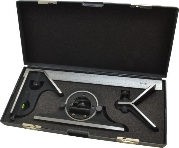 SPI - 4 Piece, 12" Combination Square Set - 1/32 & 1/64" (English/Metric) Graduation, Hardened Steel Blade, Cast Iron Center, Protractor & Square Head - Exact Tooling