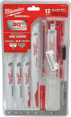 Milwaukee Tool - 12 Piece, 6" to 9" Long x 0.04" to 0.05" Thick, Bi-Metal Reciprocating Saw Blade Set - Straight Profile, 5-8 to 18 Teeth per Inch, Toothed Edge - Exact Tooling