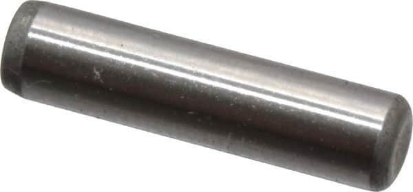 Made in USA - 1/8" Diam x 1/2" Pin Length Grade 8 Alloy Steel Standard Dowel Pin - Bright Finish, C 47-58 & C 60 (Surface) Hardness, 1,840 Lb (Single Shear), 3,680 Lb (Double Shear) Breaking Strength, 1 Beveled & 1 Rounded End - Exact Tooling