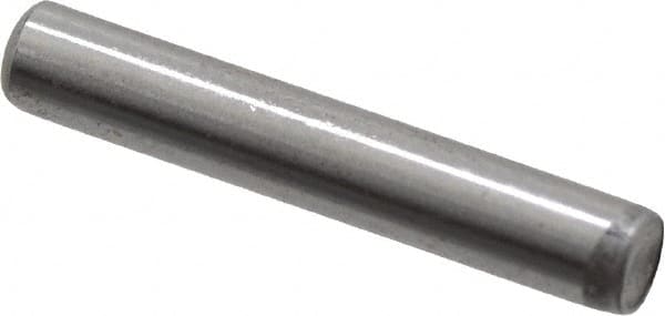 Made in USA - 1/8" Diam x 3/4" Pin Length Grade 8 Alloy Steel Standard Dowel Pin - Bright Finish, C 47-58 & C 60 (Surface) Hardness, 1,840 Lb (Single Shear), 3,680 Lb (Double Shear) Breaking Strength, 1 Beveled & 1 Rounded End - Exact Tooling