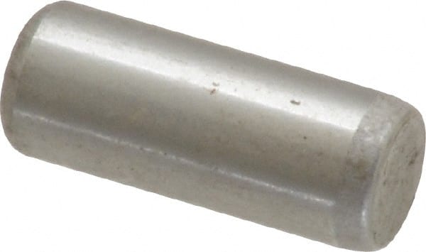 Made in USA - 1/4" Diam x 5/8" Pin Length Grade 8 Alloy Steel Standard Dowel Pin - Bright Finish, C 47-58 & C 60 (Surface) Hardness, 14,720 Lb (Double Shear), 7,360 Lb (Single Shear) Breaking Strength, 1 Beveled & 1 Rounded End - Exact Tooling