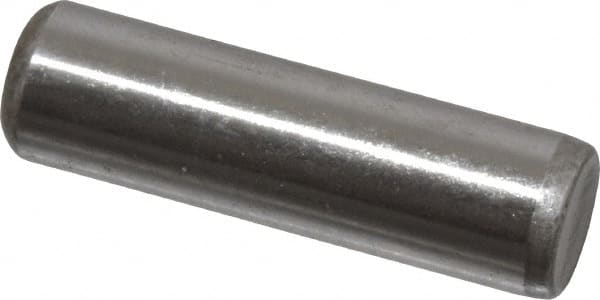 Made in USA - 1/4" Diam x 7/8" Pin Length Grade 8 Alloy Steel Standard Dowel Pin - Bright Finish, C 47-58 & C 60 (Surface) Hardness, 14,720 Lb (Double Shear), 7,360 Lb (Single Shear) Breaking Strength, 1 Beveled & 1 Rounded End - Exact Tooling
